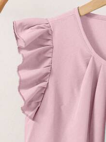 SHEIN 青少年女孩纯色褶皱连衣裙，休闲韩式度假迷你分层袖