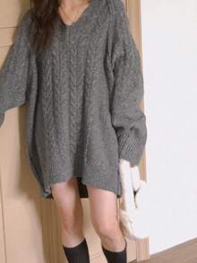 DAZY 宽松圆领麻花针织长袖休闲中长款毛衣，法式时尚秋冬 - 灰色 - 查看 8
