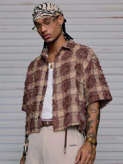 AXEPEAK Men's Plaid Woven Short Sleeve Cropped Shirt, Suitable For Summer