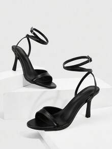 CUCCOO SZL Women's Black PU Ankle Strap Fashionable Sexy French Elegant Romantic Date Party Afternoon Tea Round Toe Stiletto High Heel Sandals - Black - View 2