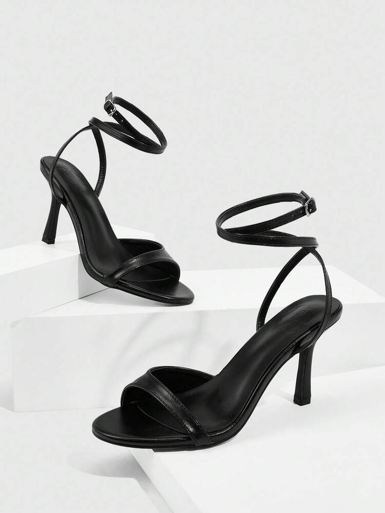 CUCCOO SZL Women's Black PU Ankle Strap Fashionable Sexy French Elegant Romantic Date Party Afternoon Tea Round Toe Stiletto High Heel Sandals