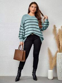 EURMUSE Plus Size Plus Size Loose Fit Colorblock Striped Pullover Sweater - Mint Green - View 3