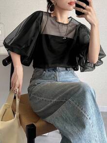 FRIFUL 女式纯棕色圆领泡泡袖透视网眼宽松休闲分层上衣 - 黑色 - 查看 6