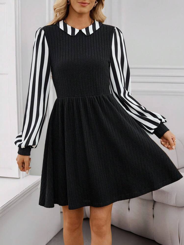 Women's Ribbed Long Sleeve Ribbed Casual Midi Dress Collared Dress Striped Sleeve Dress Peter Pan Collar Dress Fall Clothes For Women Dresses For Women Black Dress Fall Dresses For Women Homecoming Dress Going Out Dress