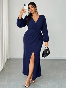 Elenzga Đầm maxi xẻ tà cổ chữ V tay dài thanh lịch cỡ lớn dành cho nữ, thích hợp cho tiệc tùng, tiệc cưới, mùa xuân/thu/đông - Màu xanh hải quân - Xem 1