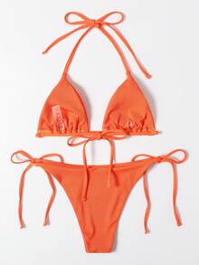 Swim Basics Summer Beach Mono Bikini Set, Halter Triangle Top & Tie Side Bottom 2 Pieces Bikini, Bathing Suit - Orange - View 2
