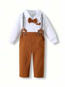 SHEIN Bộ trang phục quý ông 3 món cho bé trai mới biết đi, áo liền quần dài tay màu trắng và quần kaki có dây đeo, thoải mái, đa năng, cổ điển, thời trang, dễ thương, phong cách Anh, thích hợp cho trong nhà, ngoài trời, hàng ngày, thể thao, vui chơi, tiệc tùng, chụp ảnh, kỳ nghỉ, ngày lễ, đám cưới, tiệc chào đón em bé, lễ rửa tội và sinh nhật lần thứ 1 - Nhiều màu - Xem 3