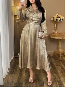 Auvina 女式加大码优雅金箔领长袖连衣裙