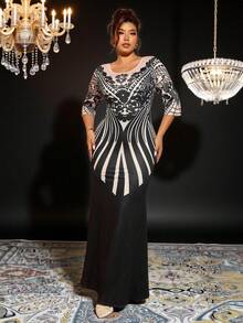 Cravure Vestido de fiesta elegante de talla grande con estampado digital de encaje