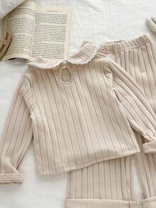 Genkimix Kids Mädchen Kleinkind Set mit Peter-Pan-Kragen, Spitzenbesatz, Langarm-Oberteil und weiter Hose