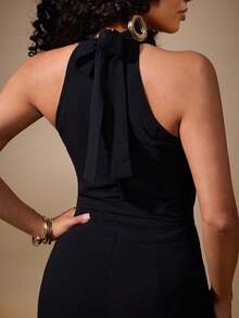 Vixey 露背双开衩半透明雪纺阔腿连体裤，配有系带腰带 - 黑色 - 查看 4