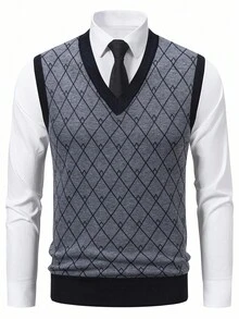 Manfinity Homme Men's Autumn/Winter Knitted Thermal Lined Sweater Vest, Old Money - Grey - View 3