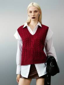 Women Casual Daily Cable Knit V-Neck Vest, For Autumn - Burgundy - View 5