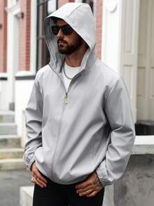 Manfinity Homme Jaqueta corta-vento masculina plus size, cor sólida, manga comprida, zíper, casual, com capuz, para atividades ao ar livre, outono - Cinza - Ver 3