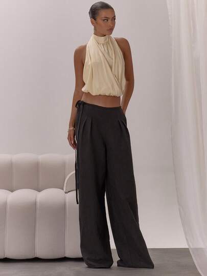 MUSERA Pantalones acampanados con cintura anudada y pliegues, elegantes y sexys para ocasiones de noche, vacaciones, oficina, otoño, capas, invierno, fiesta, otoño, Navidad