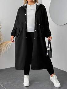 SHEIN CURVE+ 大码女式长袖单排扣抽绳腰休闲撞色连帽风衣女式长外套女式长外套开放式长袍大码夹克适度外套，女式秋季服装冬季秋冬 - 黑色 - 查看 8