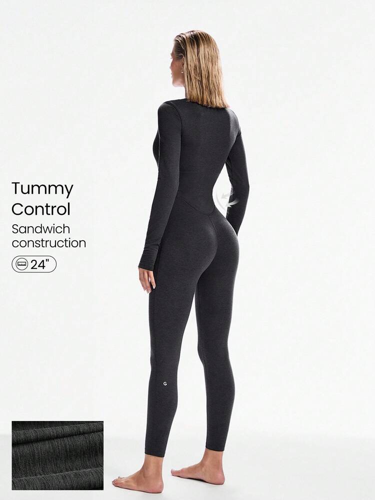 24インチ ソフティー ベルベア腹部コントロール サムホール付き スクープネック ロングスリーブ ジャンプスーツ ボディスーツ ヨガ ピラティス スタジオ デイリーカジュアルウェア 取り外し可能なカップ