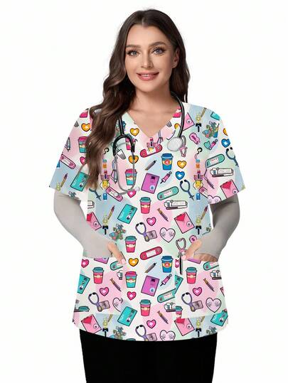 PopScrub Plus Size Women V-Neck Short Sleeve Cartoon Equipment Printed Nurse Doctor Workwear Hospital Top Functional Multi-Pocket Lab Pet Grooming Uniform