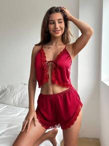 Aloruh Women's Sexy Deep V-Neck Lace Patchwork Charmeuse Cami And Shorts Pajama Set