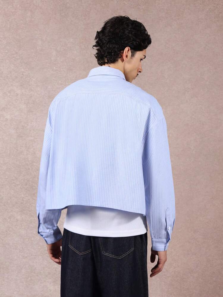 Cropped Pinstripe Button Down Shirt With Chest Embroidery