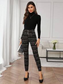 SHEIN Clasi 女士优雅通勤格子珍珠纽扣修身裤 - 黑色 - 查看 4