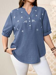 EMERY ROSE 大码短袖衬衫，夏季时尚 - 藍色 - 查看 8