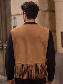 EASEVO Plus Size Men's Fashionable Vintage Fringe Decorated Vest Jacket Fringe Jacket Mens Fringe Men Waist Coat Western Vest For Men - Coffee Brown - View 3