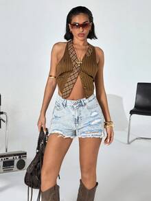 SHEIN Cottnline 100%Cotton High-Waisted Frayed Hem Denim Ultra-Short Shorts For Spring/Summer - Light Wash - View 7