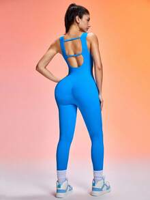 Easithlete Women's Solid Color Minimalist Sleeveless Jumpsuit, Casual & Sports - Blue - View 2