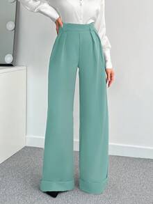 EURMUSE Women Solid Color High Waist Wide Leg Pants - Mint Green - View 4