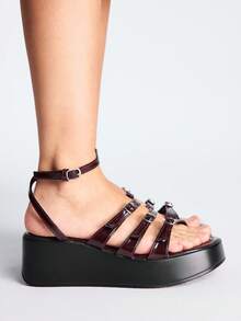Sugerpunk Women's Fashion Platform Black Thick Sole Burgundy Strap Metal Buckle Street Party Sandals