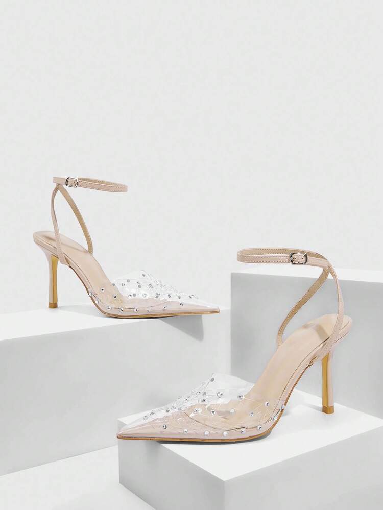CUCCOO SZL Apricot PU Transparent TPU Rhinestone Fashionable Sexy Strap Pointed Toe Elegant Party High Heels