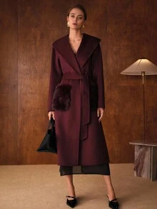 MOTF PREMIUM WOOL SHAWL COLLAR BELTED OVERCOAT - Burgundy - View 5
