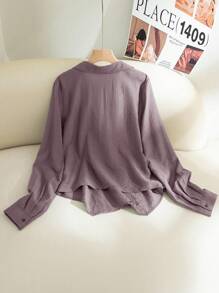 Modelyn Women's Casual Solid Color Wrap Tie Long Sleeve Shirt,Fall Tops - Dusty Purple - View 2