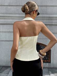 Chiquease Parte superior elegante y sexy de tweed color albaricoque con cuello halter y espalda descubierta, para usar de vacaciones, estilosa y elegante, para salir, usar en Ibiza, conciertos, estilo bohemio, oficinas, con botones metálicos asimétricos y aberturas delgadas, estilo de dinero viejo, para otoño - Albaricoque - Ver 2