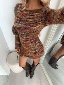 Aloruh Women's Striped Open Back Tie-Up Design Long Sleeve Fashionable Mini Dress - Multicolor - View 5