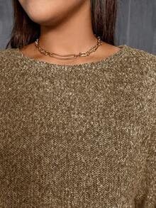 SHEIN Essnce 大码女装春秋季时尚休闲宽松舒适基础款日常灰色长袖露脐上衣和黑色马甲长裙两件套，春季服装，连衣裙套装，曲线套装，女士秋季服装 - 杏色 - 查看 7