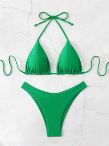 SHEIN Swim Set de bikini de cuello halter de unicolor para mujer con sujetador triangular para vacaciones, playa de verano - Verde - Ver 5