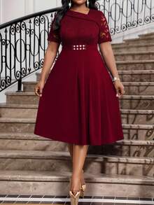 Fleurora Váy midi ren trơn màu thanh lịch dự tiệc cỡ lớn cho nữ Váy lễ Phục sinh Váy tốt nghiệp cho nữ Váy dự tiệc cưới - Màu Đỏ Sâu - Xem 1