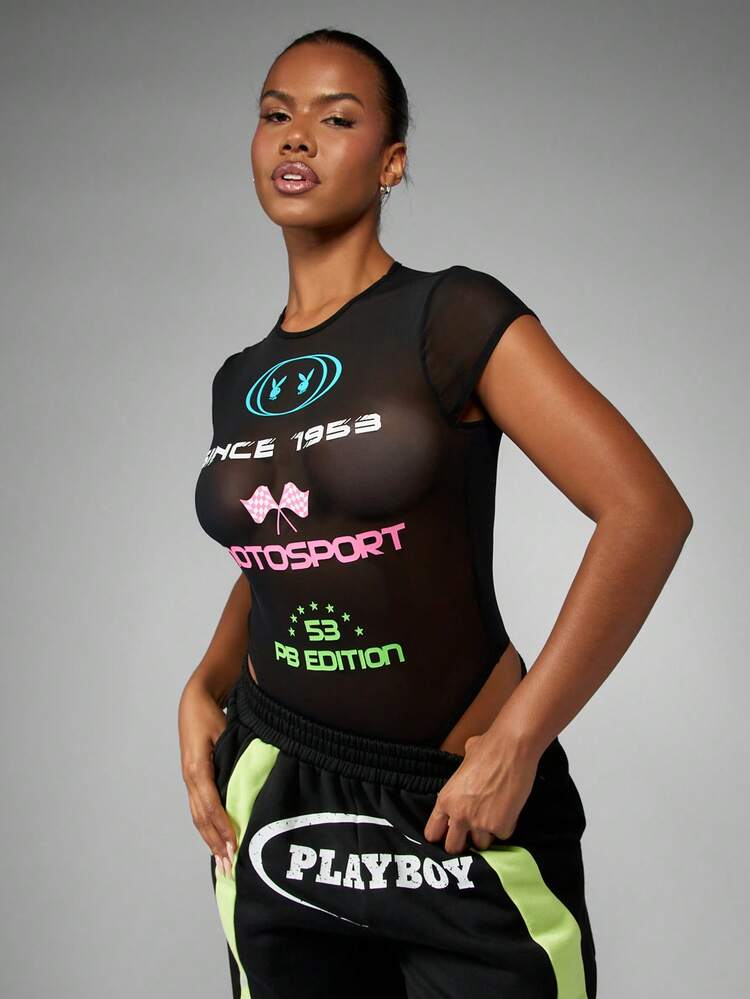 Missguided x Playboy Motorsport Mesh Bodysuit Long Sleeve Y2K Racing Motocross Flag Print Graphic Neon Accent Digital Print Club Festival Bodysuit