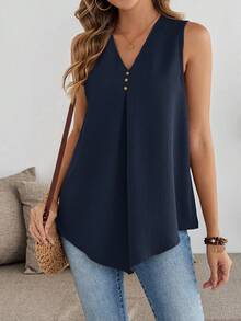 EMERY ROSE 女士纯色纽扣设计V领休闲宽松无袖衬衫 - 藏蓝色 - 查看 5