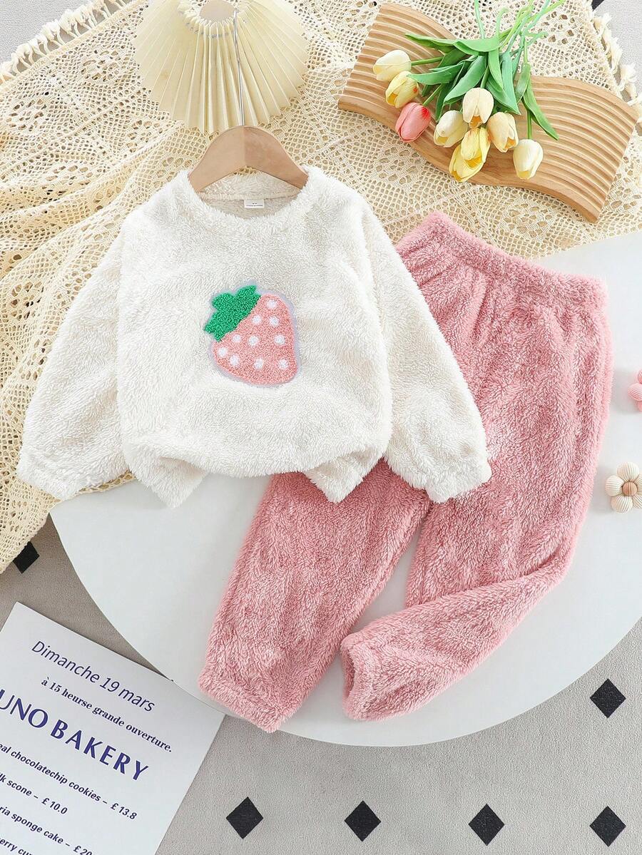 SHEIN Playful Pals 2 件套少女可爱草莓刺绣针织羊毛长袖上衣和裤子套装，适合居家、上学、秋冬休闲装 - 粉色 - 查看 1