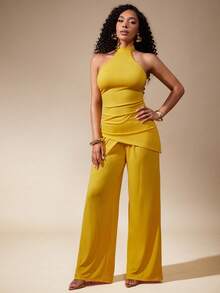 Vixey 纯色针织弹力腰带阔腿裤，带口袋 - 黃色 - 查看 2