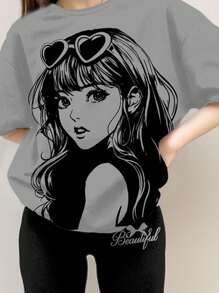 SHEIN Bộ 2 món/Bộ đồ áo thun họa tiết rộng rãi màu xám than và đen kèm quần ống rộng, họa tiết cô gái anime dạo phố, thích hợp cho các buổi đi chơi mùa hè, thoải mái dễ chịu, nhiều lớp quần áo mùa thu, trẻ em thời trang, trang phục thường ngày, quần áo họa tiết trẻ em, trở lại trường, quần áo mùa thu, dạ hội - Nhiều màu - Xem 3