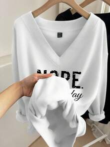 EMERY ROSE Bộ đồ họa tiết MOPE tối giản, thường ngày cỡ lớn, 2 món, áo nỉ rộng cổ chữ V, phù hợp cho mùa thu/đông - Nhiều màu - Xem 3