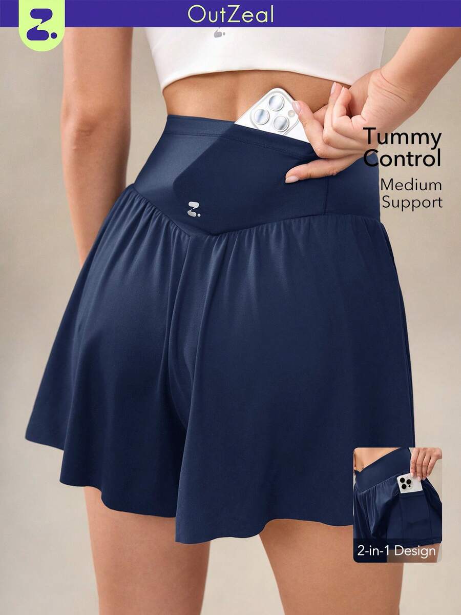 OutZeal Pantalones cortos deportivos para mujer con control de abdomen, absorción de sudor, cintura cruzada, con bolsillo incorporado, para tenis, gimnasio y entrenamiento - Azul - Ver 1