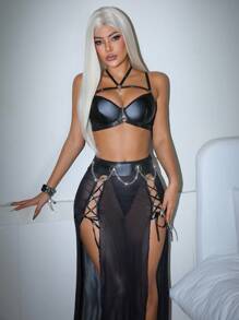 SHEIN 3件套：性感PU皮革吊带链网眼开衩系带长裙套装 - 黑色 - 查看 5