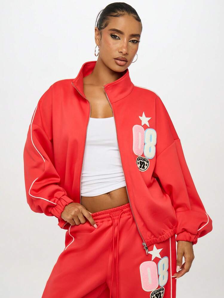 SUMWON WOMEN Top de survêtement entièrement zippé avec patch étoile, design universitaire