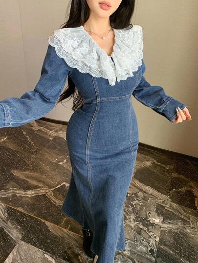 DAZY 秋季女士优雅蕾丝拼布蝴蝶结鱼尾牛仔连衣裙