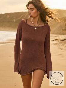 Aralina Đầm dệt kim đi biển nhẹ mỏng nhẹ cho kỳ nghỉ nghỉ dưỡng - Cà phê nâu - Xem 5